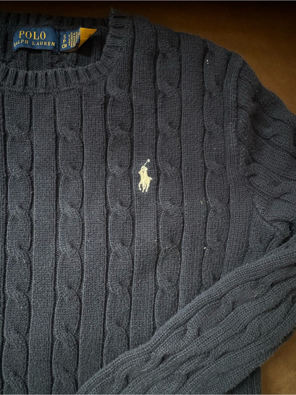 Polo by Ralph Lauren Men’s Dark Navy Cable Knit Crewneck Sweater with Pony - Picture 2 of 2